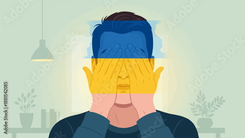 Person covers face with hands, overlaid with Ukrainian flag colors