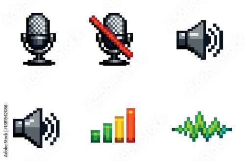 Pixel art audio icons: microphones, speakers, sound settings, waveforms