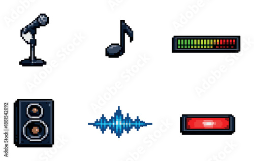 Pixel art audio icons with microphone, music note, sound waves, and equalizer