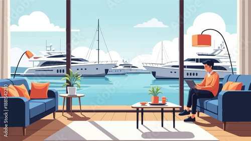 Person relaxing on couch using laptop with view of docked yachts