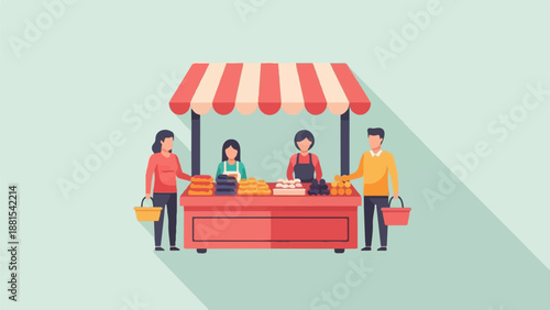 People buying food at a market stall with fresh produce displayed