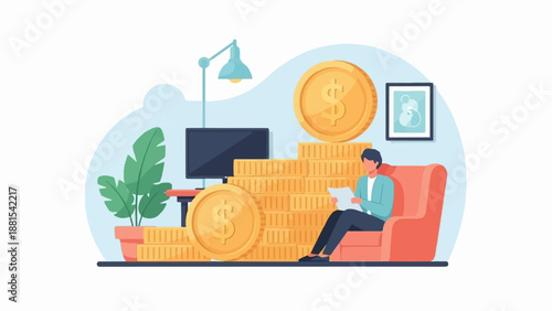 Person relaxing on couch amidst stack of gold coins, computer and plant