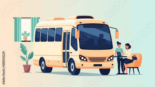 People by a bus with plants and a window