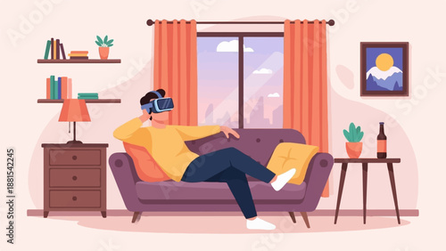 Person relaxing on couch wearing virtual reality headset in a cozy room