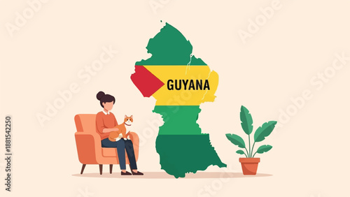 Person relaxing with cat beside map of Guyana and potted plant
