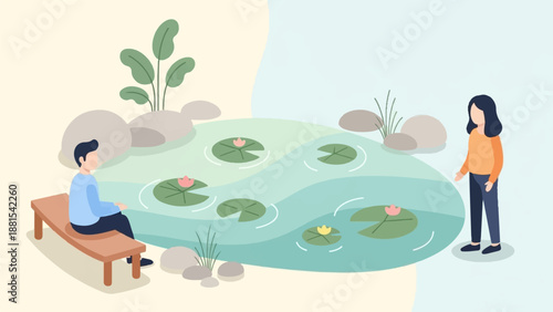 People by tranquil pond with water lilies and lush plants