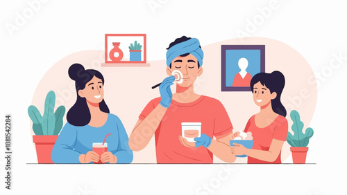 People caring for skin, with a man applying product to face