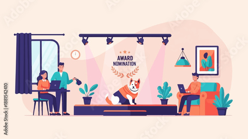 People celebrating an award nomination for their pet dog on a stage