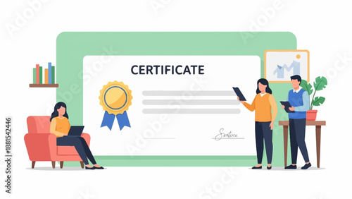 People celebrate obtaining a certificate by looking at it on laptops and tablets