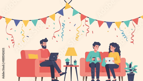 People celebrating indoors with colorful streamers and confetti