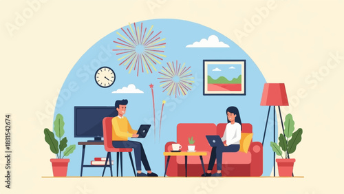 People working on laptops in a living room with fireworks overhead