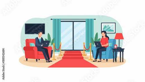 People working on laptops in a luxurious waiting area with red carpet