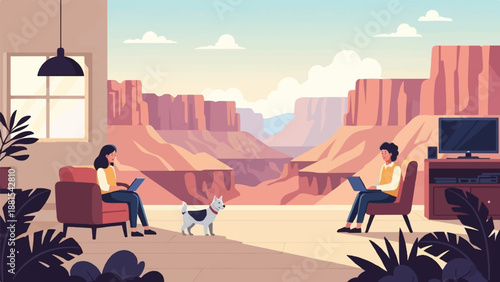People working on laptops in a room with a canyon view and a dog