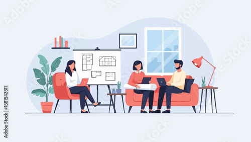 People collaborate in a modern room, reviewing blueprints and using laptops