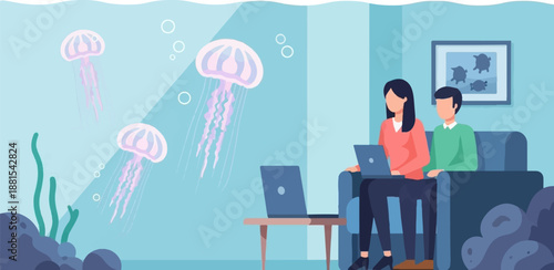 People working on laptops in a room with a large aquarium