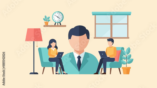 People working on laptops in a room with a clock and window