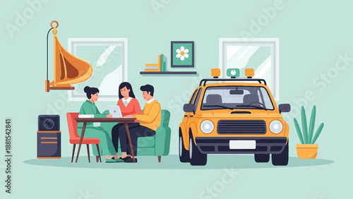 People collaborate on a laptop with a vintage speaker and a yellow vehicle present