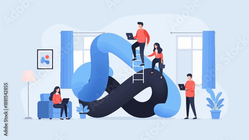 People collaborate on a project with a digital infinity symbol