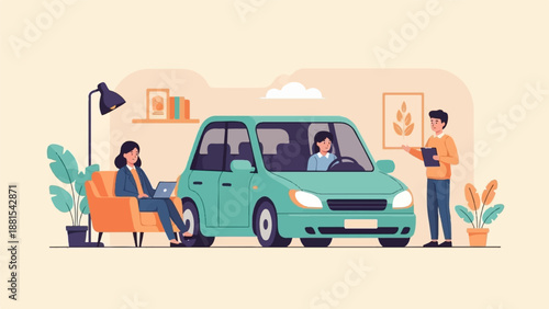 People interact around a car in a room with indoor plants and decor