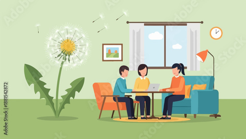 People collaborating around a table with a large dandelion in the background