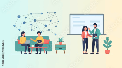 People collaborate on laptops and discuss a presentation on a screen