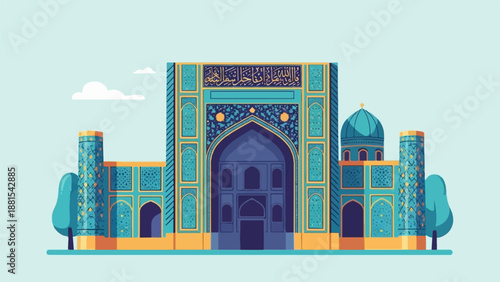 Ornate blue and gold Islamic architectural complex with towers and dome