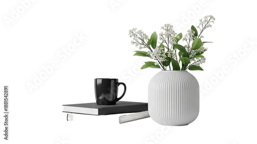 Minimalist still life: white vase with flowers, black mug, and book