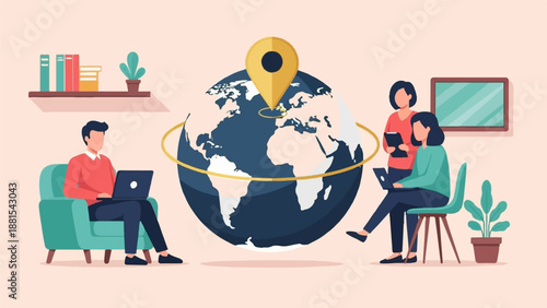 People collaborating remotely, using technology with a global connection theme