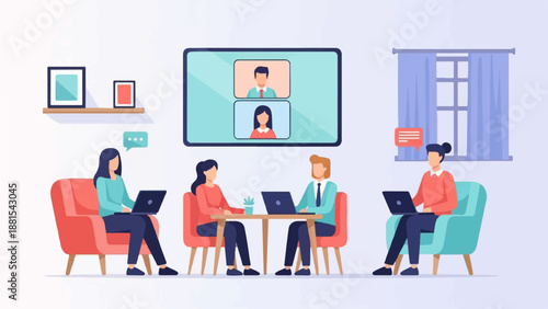 People collaborating remotely via video call and laptops in a modern office space