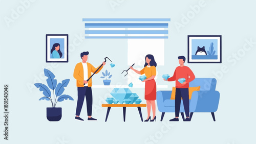 People collecting sparkling diamonds in a modern room setting