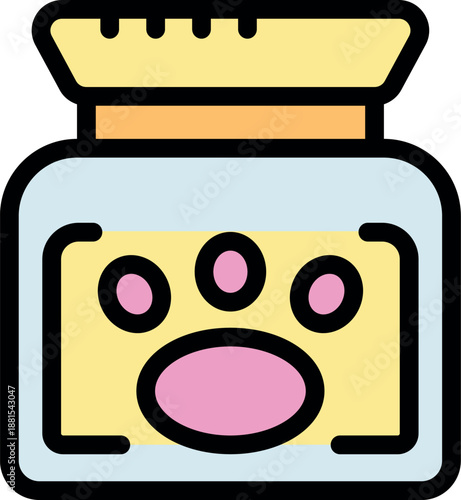 Pet food preserved in a glass jar, featuring a paw print label, indicating its contents and purpose