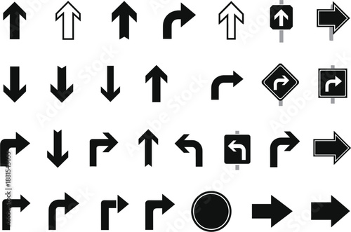 Directional arrow icon set with black traffic signs navigation symbols wayfinding pointers and road markers for website interface design.