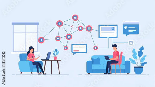 People connected digitally in separate home offices, visualizing network data