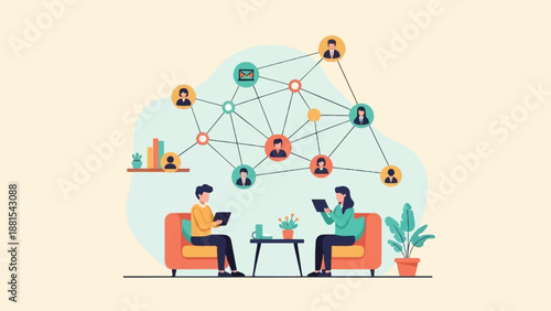 People connected in network, discussing on tablets while sitting