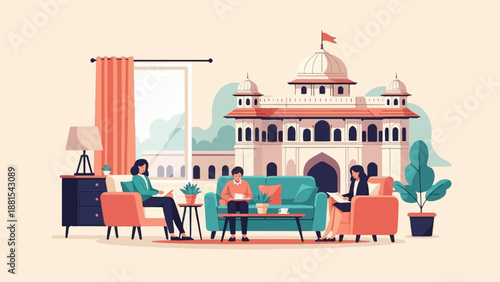 People conversing indoors with a grand historic building visible outside