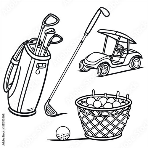 Golf Equipment Set with Bag, Clubs, Cart and Balls Vector Illustration