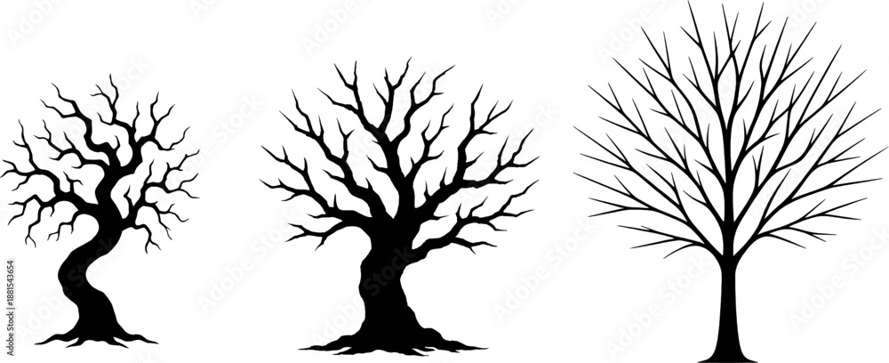 Obraz premium Dead tree silhouette vector set with bare branches. Winter leafless tree icons isolated on white background for spooky or gothic design.