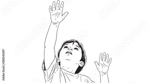 Expressive sketch of a young child looking up with raised hands for family welfare insurance services and childhood development education business marketing resources.