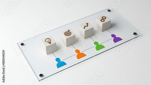 Colorful human-shaped token lineup on transparent display — team roles, people icons, collaboration concept

