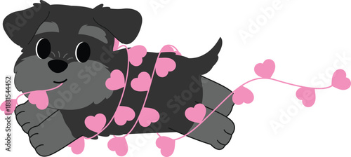 Adorable Puppy Playing with Pink Heart Garland