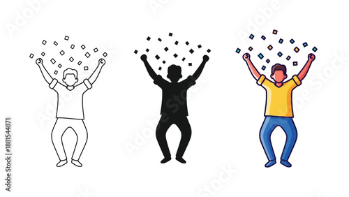 Celebration icon set outline, silhouette and color versions of a man cheering with confetti falling