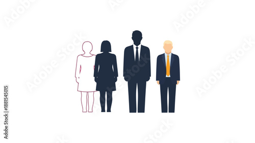 Gender pay gap concept with silhouettes of men and women in business attire, illustrating inequality in compensation and representation in workplace