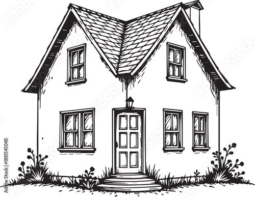 An elegant, monochrome depiction of a charming home, offering a glimpse into the art of architectural design and the essence of home life.