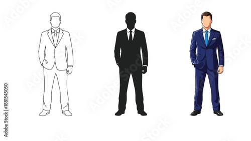 Set of three businessman figures outline sketch, black silhouette and full color illustration in blue suit