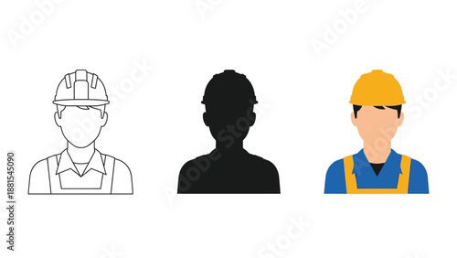 Set of three icons representing a construction worker or engineer avatar outline drawing, solid silhouette and fullcolor illustration