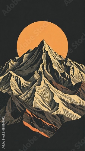 Minimalist illustration of a mountain peak in golden and beige tones with a glowing orange sun behind it, set against a dark background in a modern graphic style.