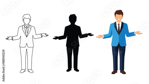 Businessman gesture of welcome or explanation in three styles outline, silhouette and full color illustration