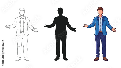 Businessman presenting or welcoming gesture in three styles outline sketch, black silhouette and full color illustration