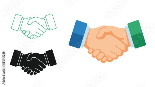 Handshake icon set outline, silhouette and color illustration of two hands shaking, symbolizing agreement, partnership, and business deal