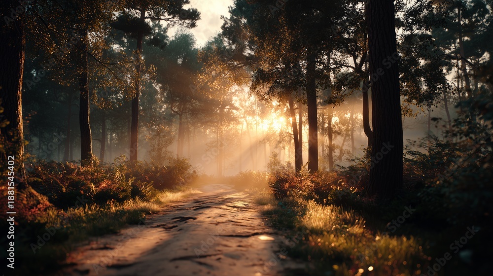 Obraz premium Forest pathway winding through trees as morning sunlight creates a misty atmosphere